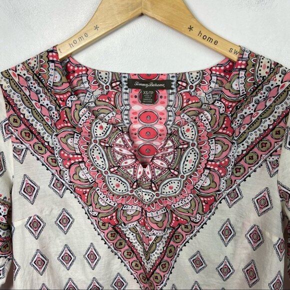 Tommy Bahama Silk Blend Bohemian Hippie Peasant Blouse Size XS Pink Print Boho - Picture 4 of 16